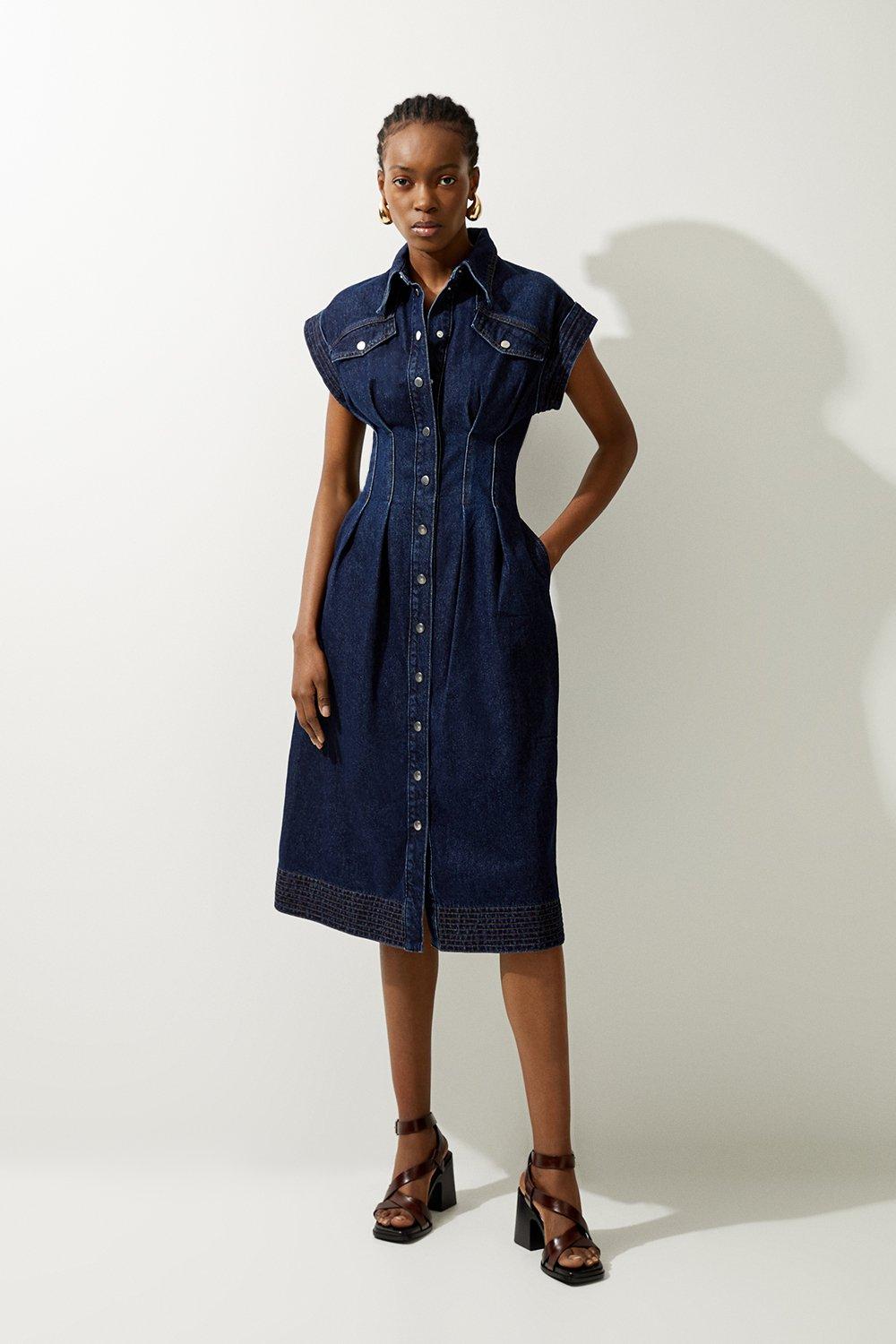 Lydia Millen Tailored Denim Utility Shirt Midi Dress | Karen Millen